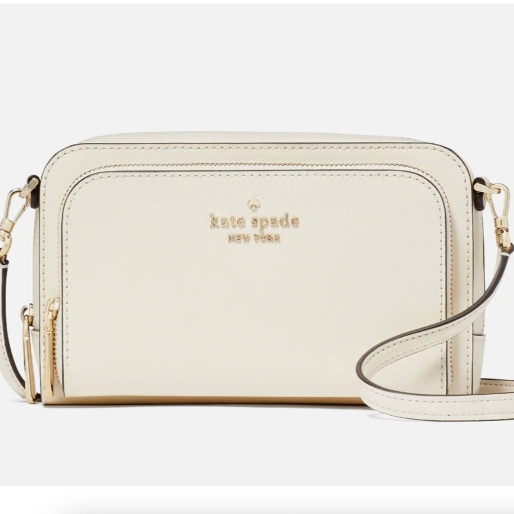 New Kate Spade Staci Dual Zip Around Crossbody Saffiano Leather Meringue - Picture 2 of 5